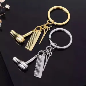 Hair Stylist Keychains Set of 2 with Gold & Silver Accessories for Barbers, Includes Comb & Brushes