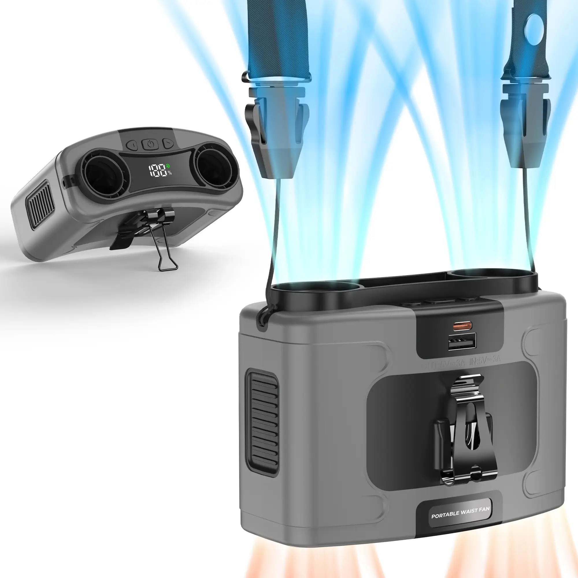 20000mAh Portable Waist Fan, 16000RPM Strong Airflow Body Cooling Fan, Rechargeable Clip On Belt Fan, 10 Speeds, Dual Motors, Battery Operated Shirt F