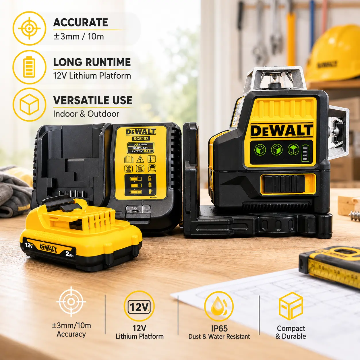2026 Dewalt 089LG Green Beam Laser Level, 3 Sides 360-Degree Coverage, 12 Lines, Self-Leveling, IP65, Precision for Every Angle, for Construction & Decoration Alignment