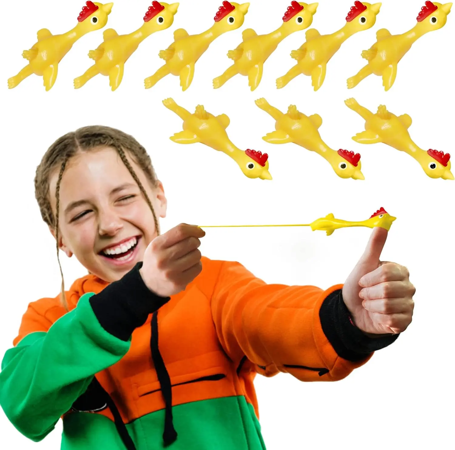 10 Pcs Slingshot Chicken Flying Finger Toys - Stretchy Rubber Flick Chicks Shooting Game for Kids & Adults - Stress Relieve Fidget Toy, Party Favors & Easter Gift (4 Inch)