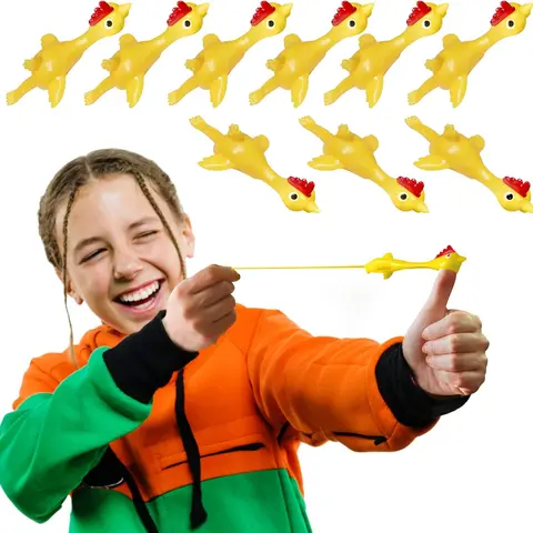 Skoye 10 Pcs 4in TPR Slingshot Chicken Set - Stretchy Rubber Flying Finger Toys, Boredom Buster Fidget Stress Relief Gag Gifts, Easy to Clean Indoors & Outdoors Supplies for Kids & Adults