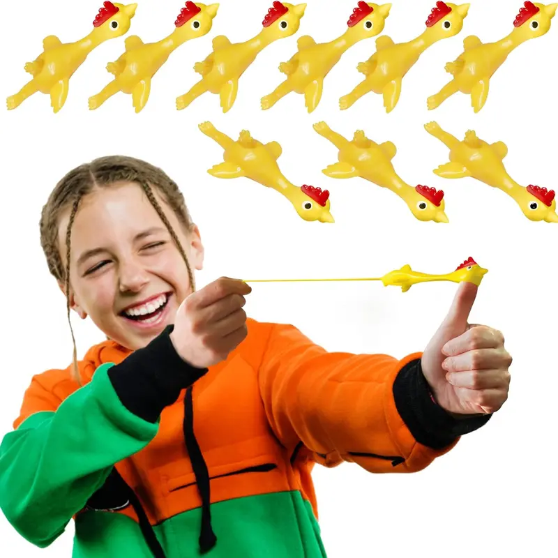 Skoye 10 Pcs 4in TPR Slingshot Chicken Set - Stretchy Rubber Flying Finger Toys, Boredom Buster Fidget Stress Relief Gag Gifts, Easy to Clean Indoors & Outdoors Supplies for Kids & Adults