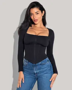 Corsety Square Neck Long Sleeve Top - Black Women Longsleeves Fabric Bra Womenswear Blouse Corsety Square Neck Long Sleeve Top - Black Women Longsleeves Fabric Bra Womenswear Blouse