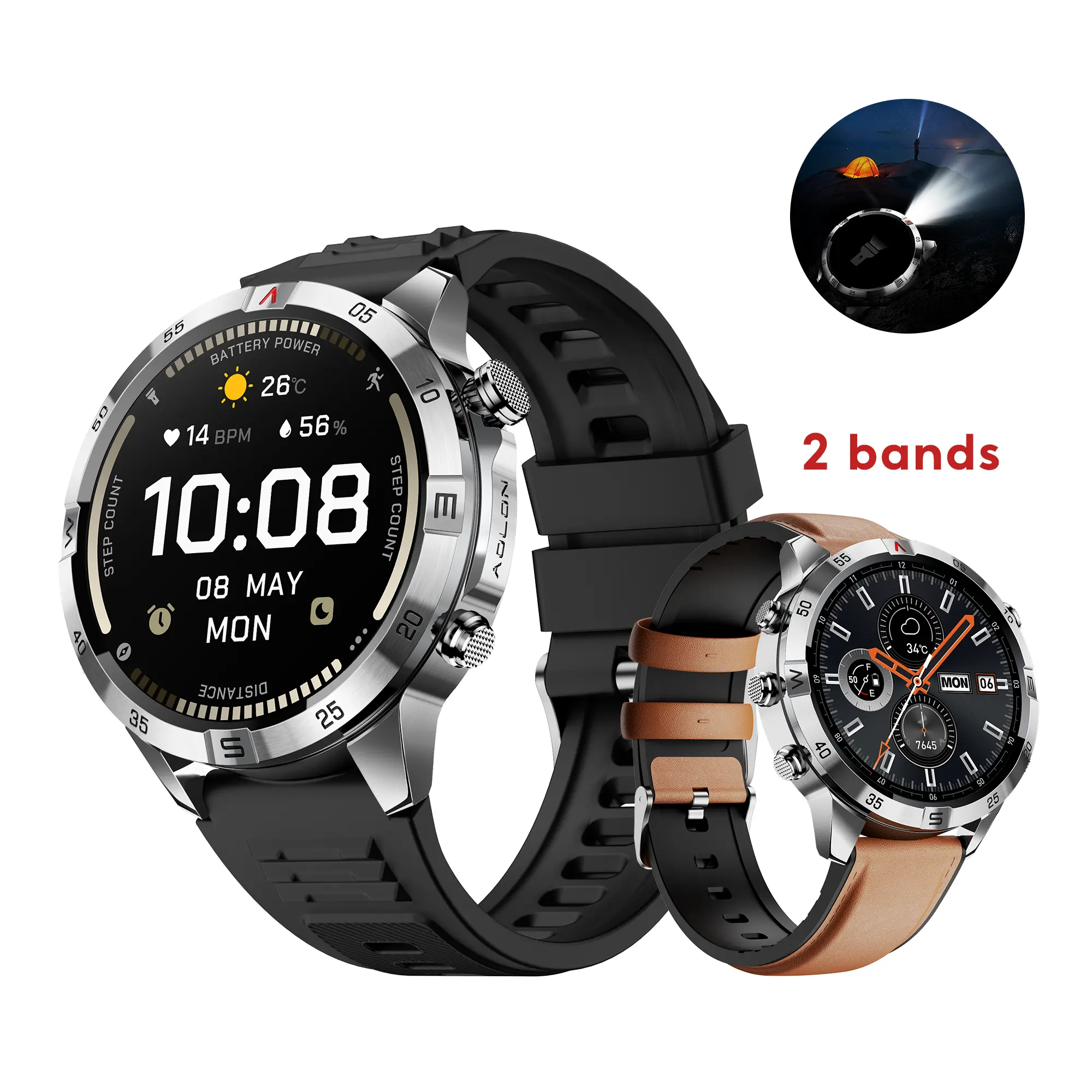 Silver (Black Silicone + Brown Leather)