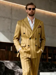 Men's Double Breasted Suit 2-Piece Set - Long Sleeve Striped Peak Lapel Tuxedo Style Formal Wear Jacket & Matching Pants for Weddings, Business, Prom