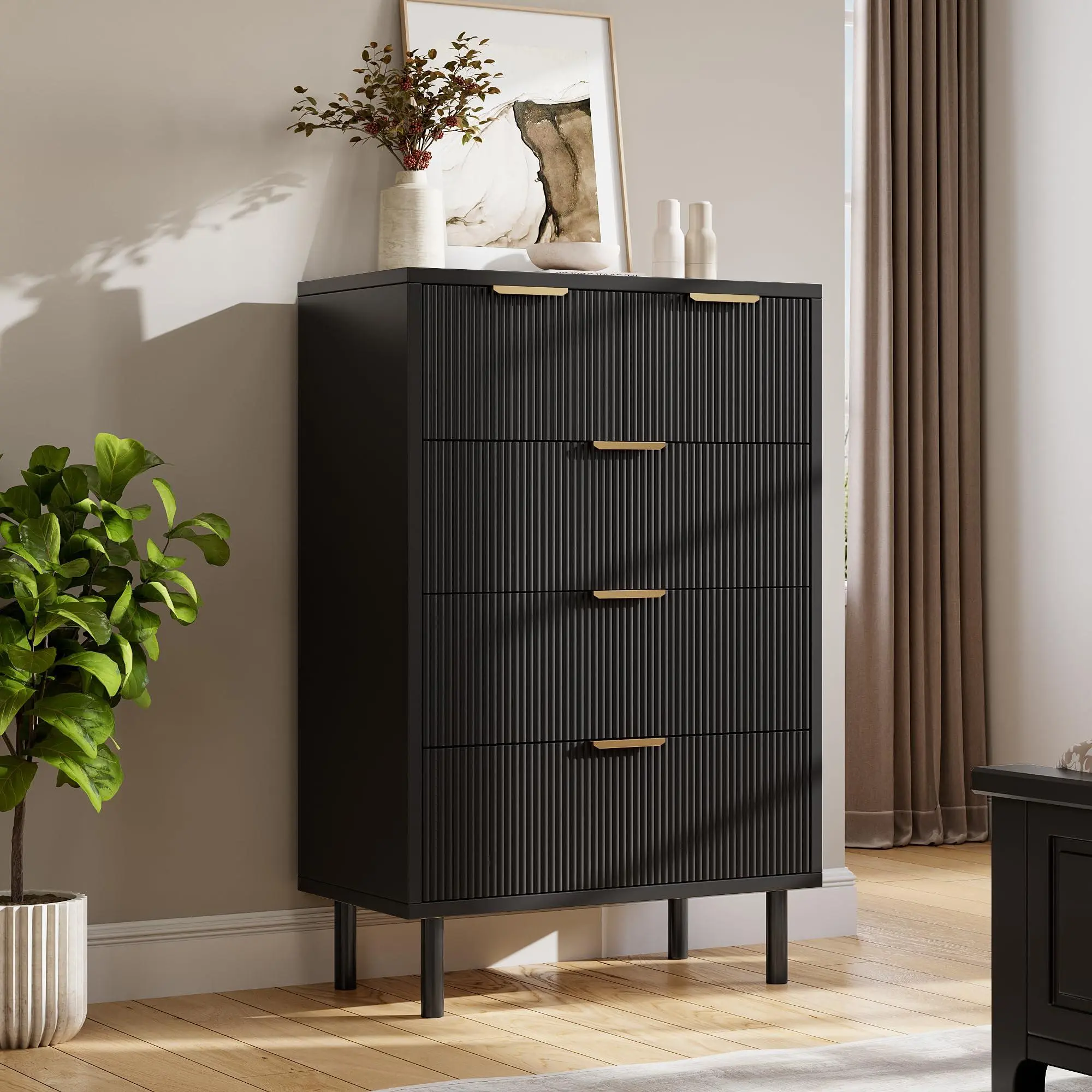 5-Drawer Wave Fluted Modern Dresser Chest - Engineered Wood Cabinet with Metal Legs, Black Furniture, Anti-Tip Safe, Easy Set-Up for Bedroom, Hallway