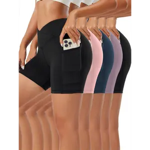 High-Waisted 5-Pack Sports Leggings - Polyester 88% Elastane 12%, Medium Stretch, Phone Pocket - Solid Color, Short Length, for Yoga Cycling, Spring/Summer/Fall, Adult