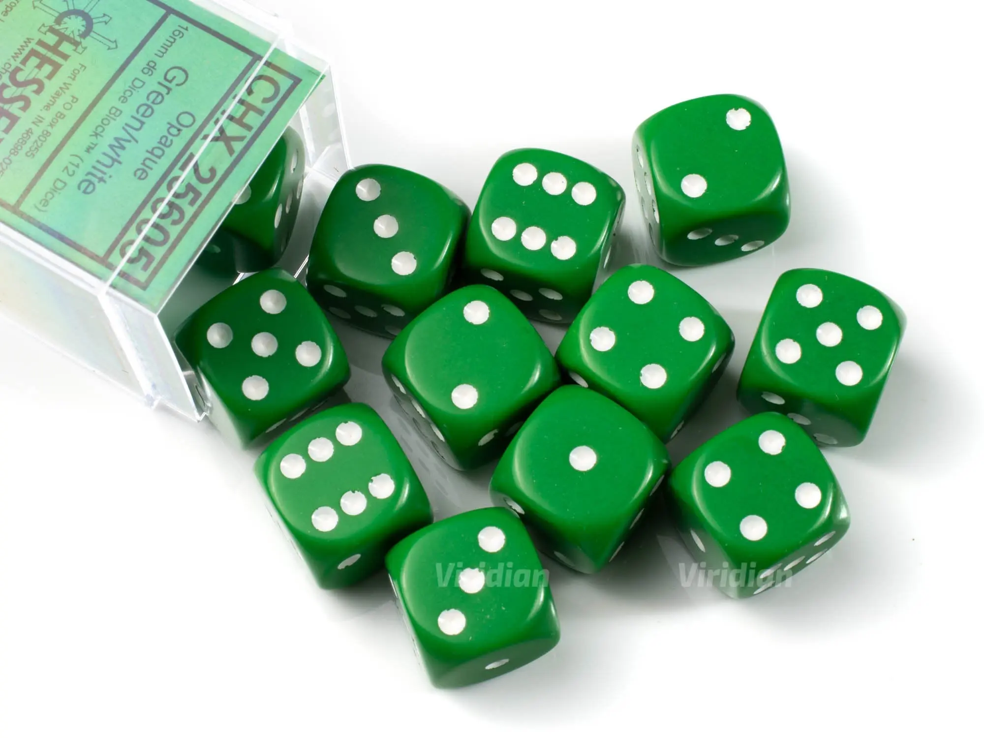 Opaque Green & White | D6 Block | Chessex Dice (12)