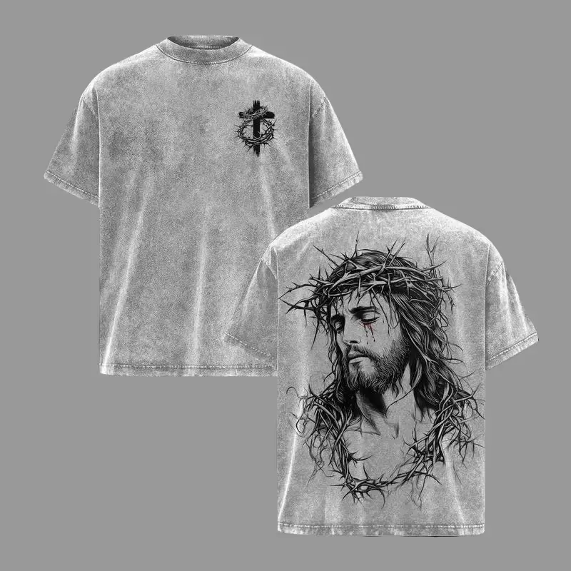 Tears of Blood – Christ’s Love in Pain - Jesus Crown of Thorns Tee Washed God Apparel Tee, Easter T-Shirt, Jesus T-Shirt, Easter Streetwear, Christian Apparel Graphic Tees, Gym Pump Cover Church Outfit Casual Crewneck Tshirt