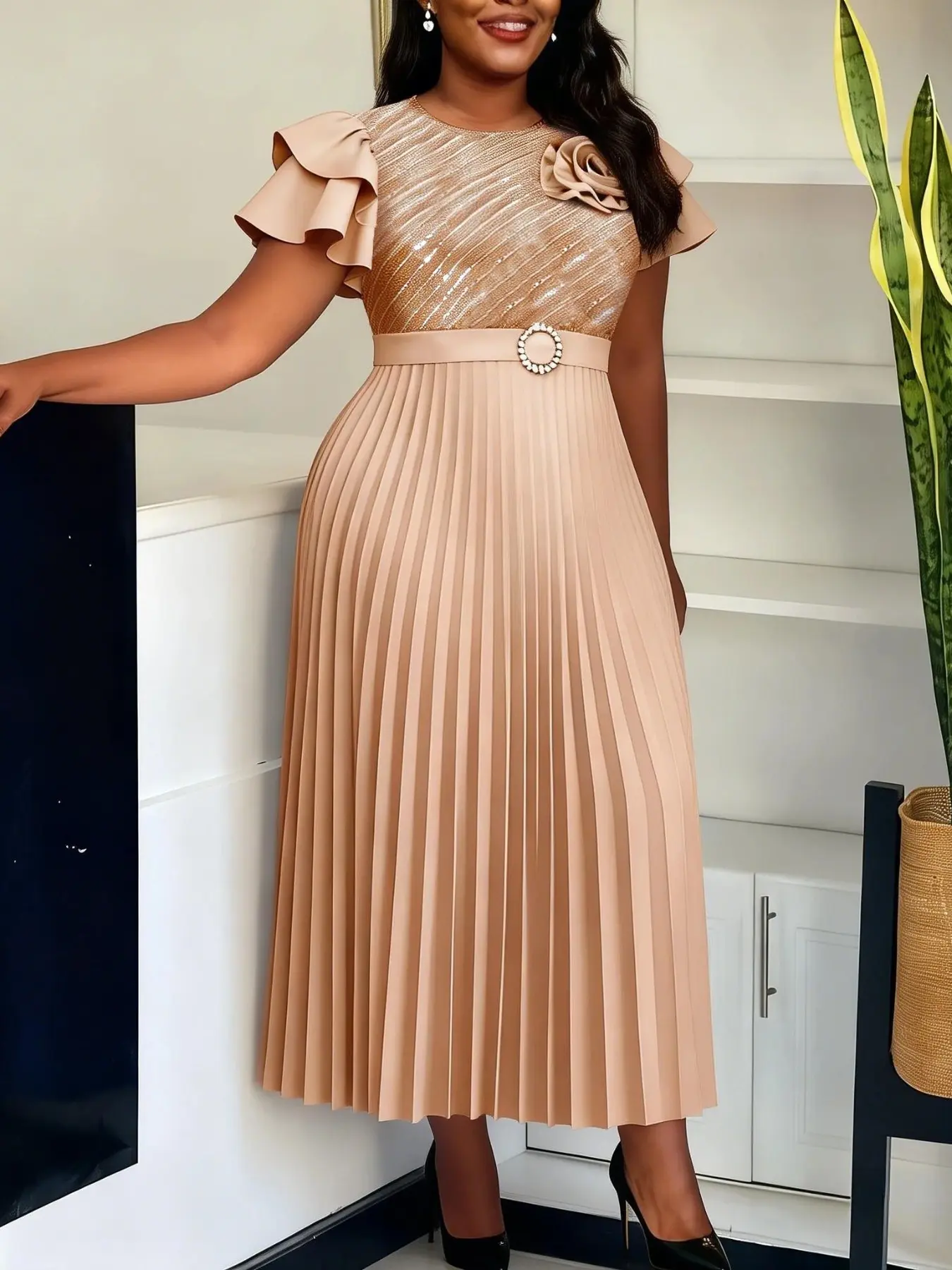 Elegant Feminine Women A Line Floral Dress Formal O Neck Ruffles Sleeves Sequin 3D Flower Pleated Hem Waist Cinching Party Church Wedding Guest Events Wear