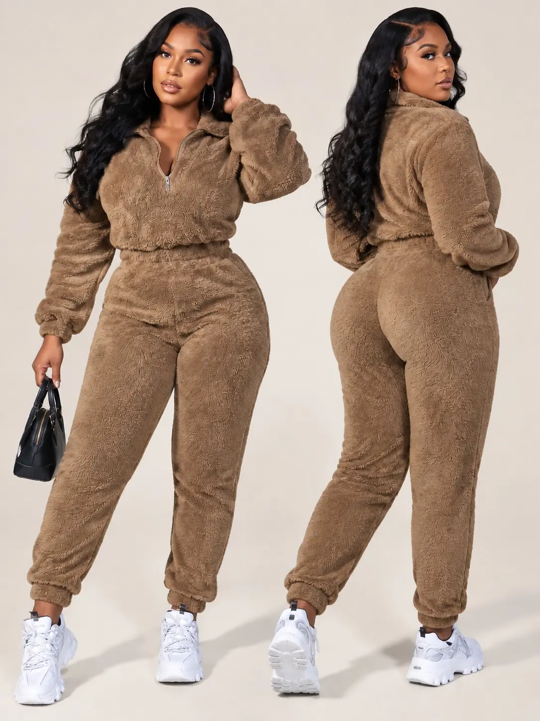 Women's 2-Piece Fleece Blend Loungewear Set - Half-Zip Long Sleeve Tops, Slim Jogger Pants, Multi-Size Warm Soft Plush Winter Nightwear, Comfortable Minimalist Machine Washable PJ Sets