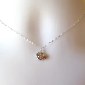 Sterling Silver and Rhodium Plated Fish Necklace - Tiny Silver 3d Fish with Cubic Necklace, Geometric Necklace, Christmas Gift