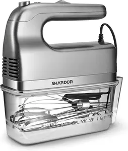 SHARDOR Hand Mixer, 350W Handheld Mixer with Storage Case 5-Speed Plus Turbo Hand Mixer Electric With 5 Stainless Steel Attachments(2 Beaters, 2 Dough Hooks and 1 Whisk), Silver
