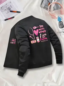 Women's Casual Zipper Jacket, She Works Willingly Graphic Print, Fitted Style, All Seasons Wear, Fashionable Ladies Outerwear