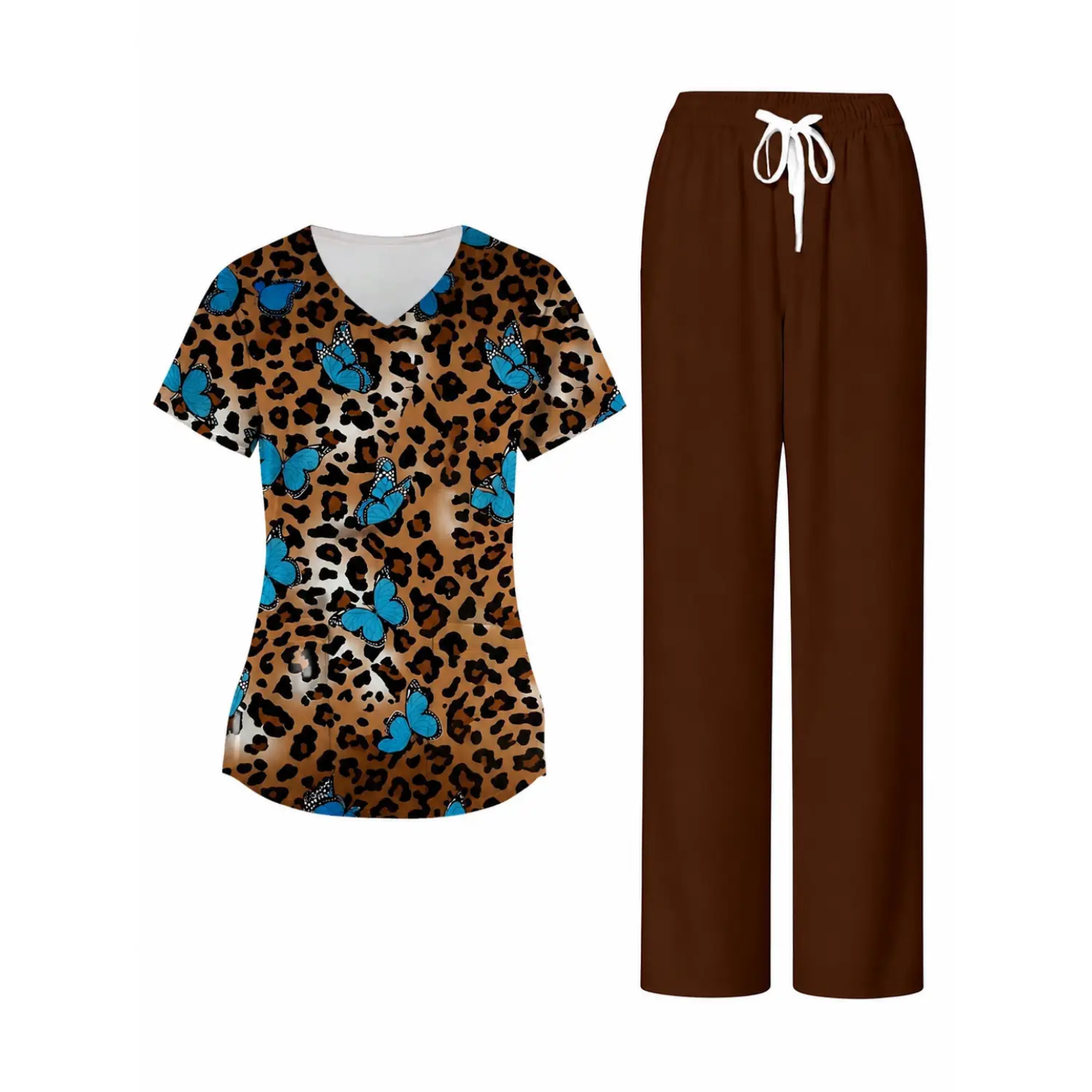 Women’s Medical Scrub Set - Leopard Blue Butterfly Print V-Neck Top & Brown Elastic Waist Drawstring Pants, Nursing Uniform for Healthcare Professionals