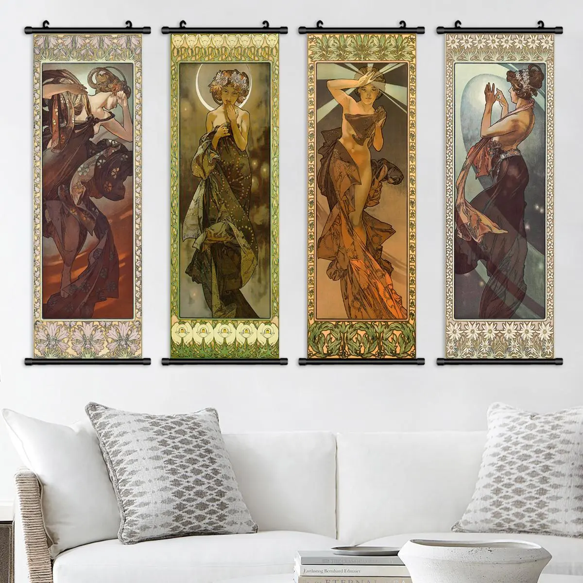 Vintage Character Pattern Wall Art Artwork, 4 Counts/set Canvas Hanging Banner, Art Wall Decoration for Home Living Room Bedroom Study Room Office