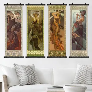 Vintage Character Pattern Wall Art Artwork, 4 Counts/set Canvas Hanging Banner, Wall Decor for Home Living Room Bedroom Study Room Office
