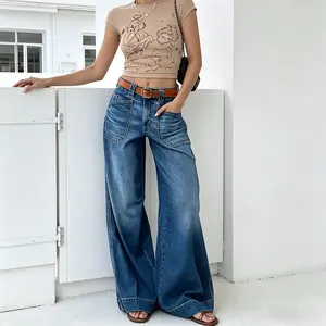 Washed denim wide-leg trousers for European and American women, stylish and versatile mid-rise wide-leg trendy  jeans