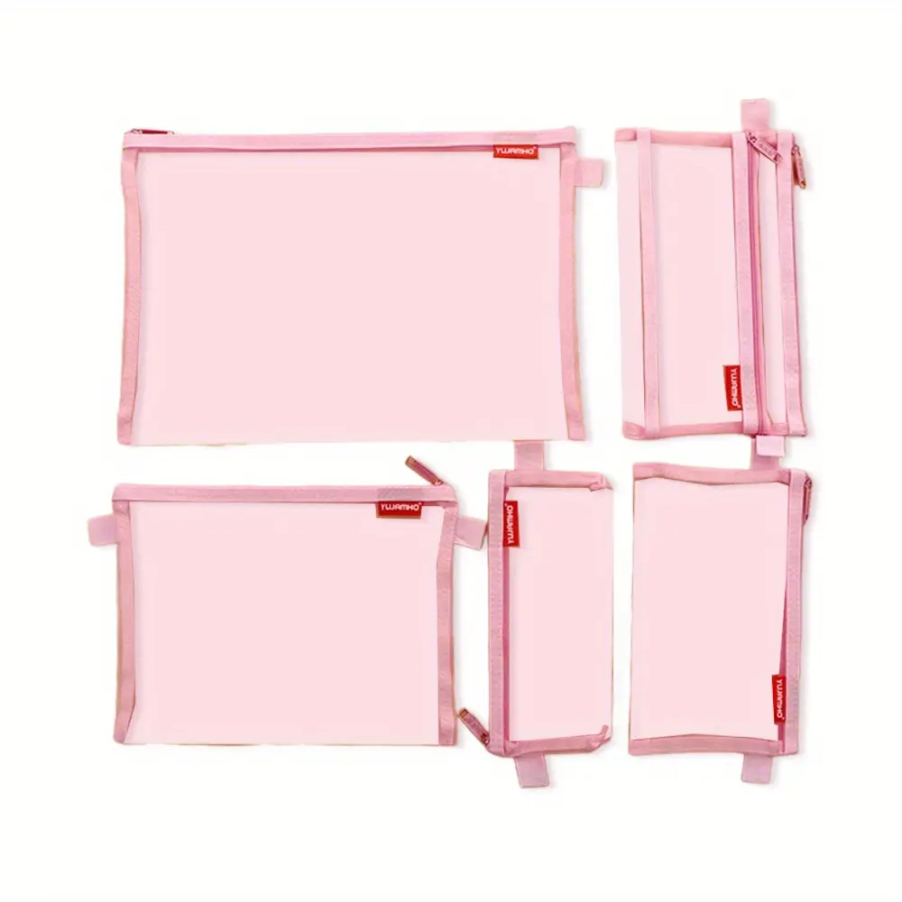 5pcs Pink Portable Nylon Mesh Zipper Pouch Set - Lightweight for Kitchen Document Organization, Cosmetic Storage