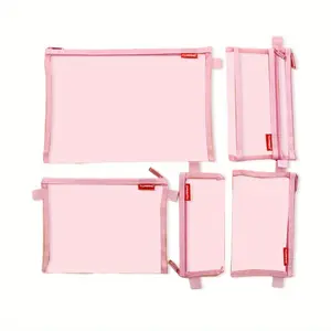 5pcs Pink Mesh Zipper Pouch Lightweight Nylon File Folders Document Organizer Cosmetic Bags Accessories Storage for Travel and Office Supplies Portable