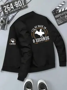 Men's Vintage Western Denim Jacket, Fitted Zipper Coat with Bull Pattern, Polyester, Stand Collar, Fall/winter Casual Wear