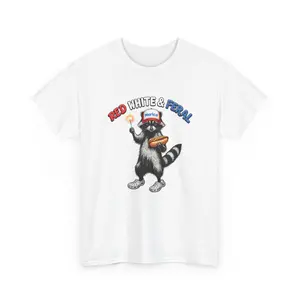 USA Red White & Feral Raccoon holding hotdog sparkler T-Shirt | Patriotic Fourth of July MERICA Uncle Sam design