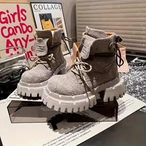 Women's Chunky Platform Motorcycle Boots - Thick-Soled Round-Toe Lace-Up Ankle Boots with Candy-Colored (Yellow/Mustard/Pink/Lavender) Rubber Sole & Fabric Upper - Workwear-Inspired Winter-Ready Shoes for Jeans & Dresses