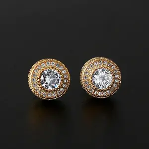 Hip Hop Round Stud Earrings for Men CZ 14K Gold Plated/Silver/Rose Gold Earrings for Men Women