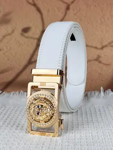 1 piece men's Fashion Belt, Men Accessories, golden lion head relief alloy automatic buckle belt with rhinestone decoration, suitable for daily commuting, parties, weddings, and celebrations, perfect as a gift for husbands and fathers.