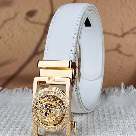 1 piece men's Fashion Belt, Men Accessories, golden lion head relief alloy automatic buckle belt with rhinestone decoration, suitable for daily commuting, parties, weddings, and celebrations, perfect as a gift for husbands and fathers.