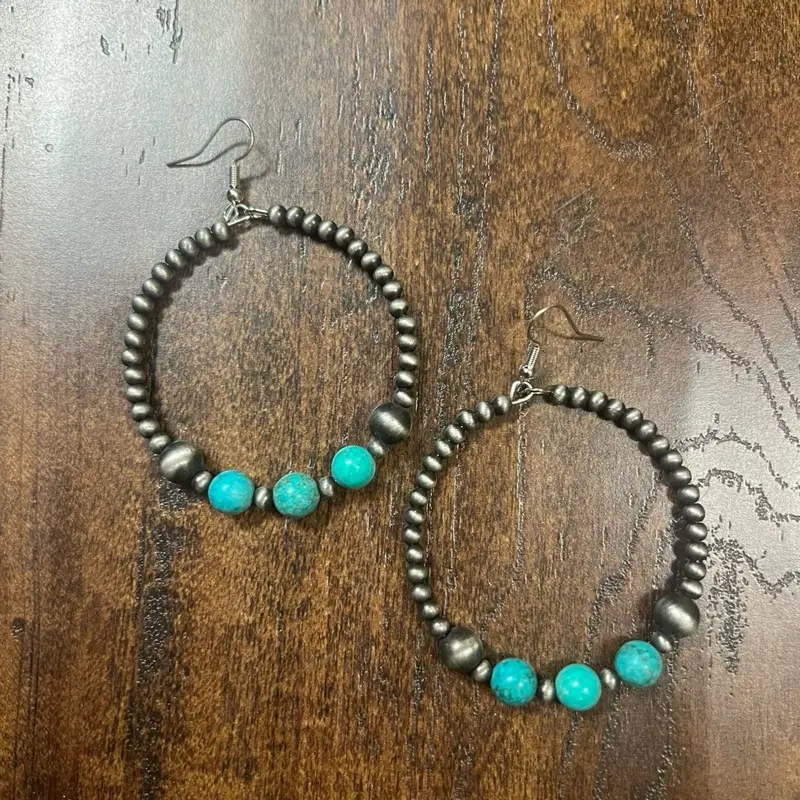 Western Turquoise Beaded Hoop Earrings – Navajo Pearl Style