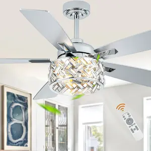 52" Luxury Crystal Chandelier Ceiling Fan with Light Remote Control, Glam Crystal Decoration, Modern Home Chrome Ceiling Fan for Any Season