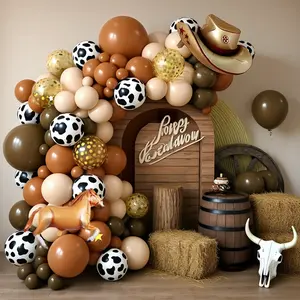 Western Party Theme Balloon Arch Garland Kit, Including Brown And Tan Balloons, Sequined Balloons, Cowboy Hat Foil Balls, And Vintage Horse Foil Balls, Suitable For Themed Parties And Birthday Party Decorations
