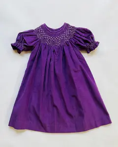 Purple Corduroy Geometric Smocked with Pearl Bishop Dress