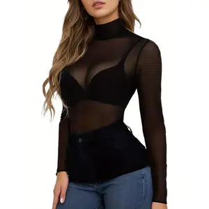Women's Black High Neck Sheer Top, Mesh Fishnet Top, Stylish and Sensual Mesh Blouse for Fashion-Forward Women