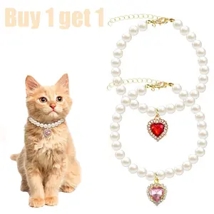 2-Pack Adjustable Pearl Cat Collar with Heart-Shaped Rhinestones - Cute Pet Necklace for Weddings, Parties, & Birthdays