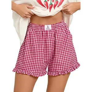 ANRABESS Womens Shorts Summer Casual Lounge Sleep Plaid Ruffle Boxer Shorts Pajama Gingham Beach Bottoms Pockets 2026 Trendy
