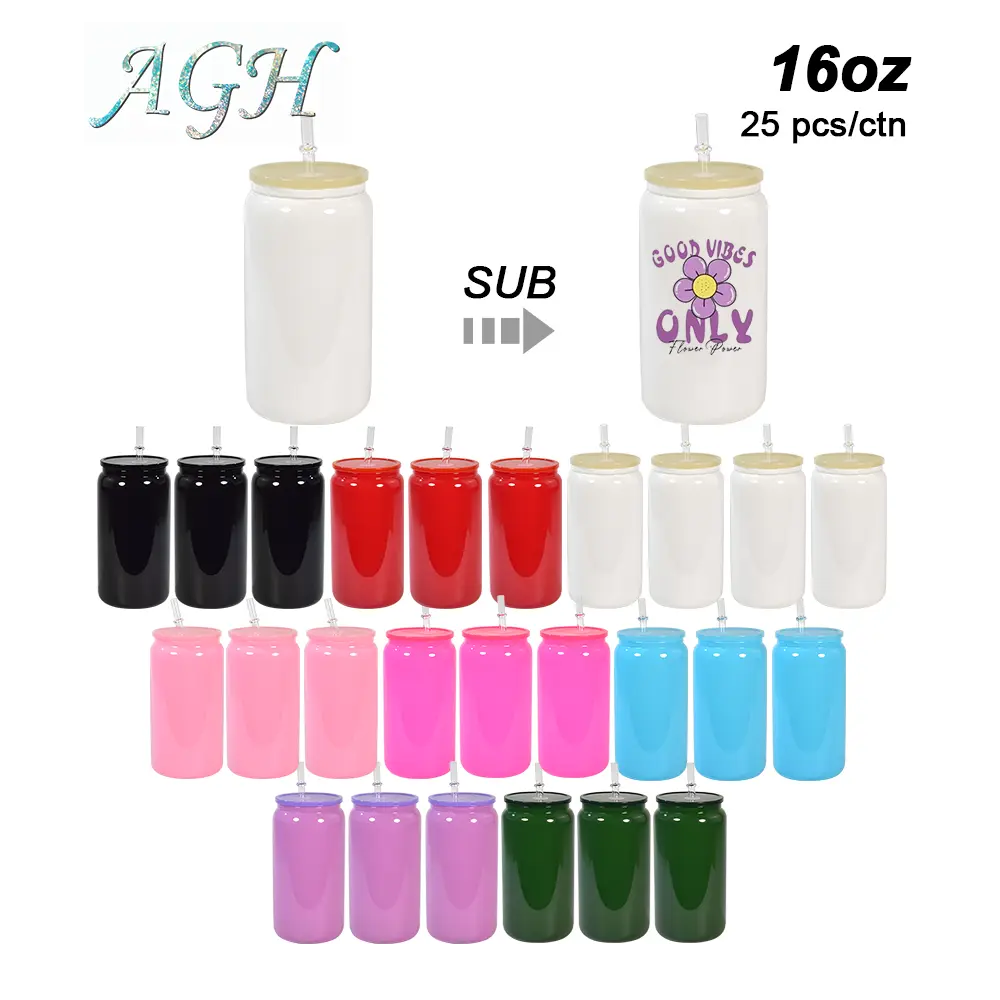 USA 25pcs 16oz Colored Glass Sublimation Blanks Tumblers with Lid Straw Reusable Red Black  Glass Cups Can Shaped Beer Cup for Iced Coffee Milk Juice