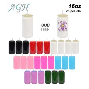 USA 25pcs 16oz Colored Glass Sublimation Blanks Tumblers with Lid Straw Reusable Red Black  Glass Cups Can Shaped Beer Cup for Iced Coffee Milk Juice