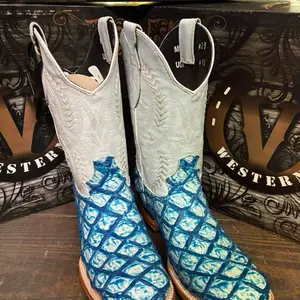 Baby Blue Fish Boots - 100% Cowhide Leather,Square Toe, Handcrafted, Double Stitched Welt, Full Leather Lining, Ideal for Daily Wear or Special Occasions