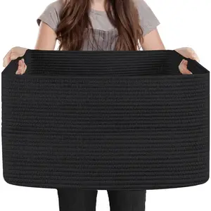 Extra Large Rectangle Storage Basket, 23.6" x 17" x 12" Black Blanket Basket Storage for Living Room, Large Soft Woven Cotton Rope Basket, Kids Toy Baskets Organizer Bins, Wicker Basket