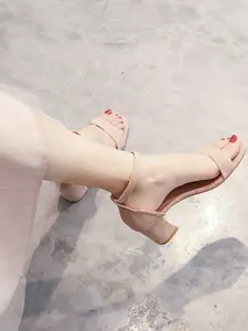 Women's Elegant Nude Suede Open-Toe Sandals, Adjustable Anklet Strap, Square Toe Thick Heel, Casual Daily Dress Shoes