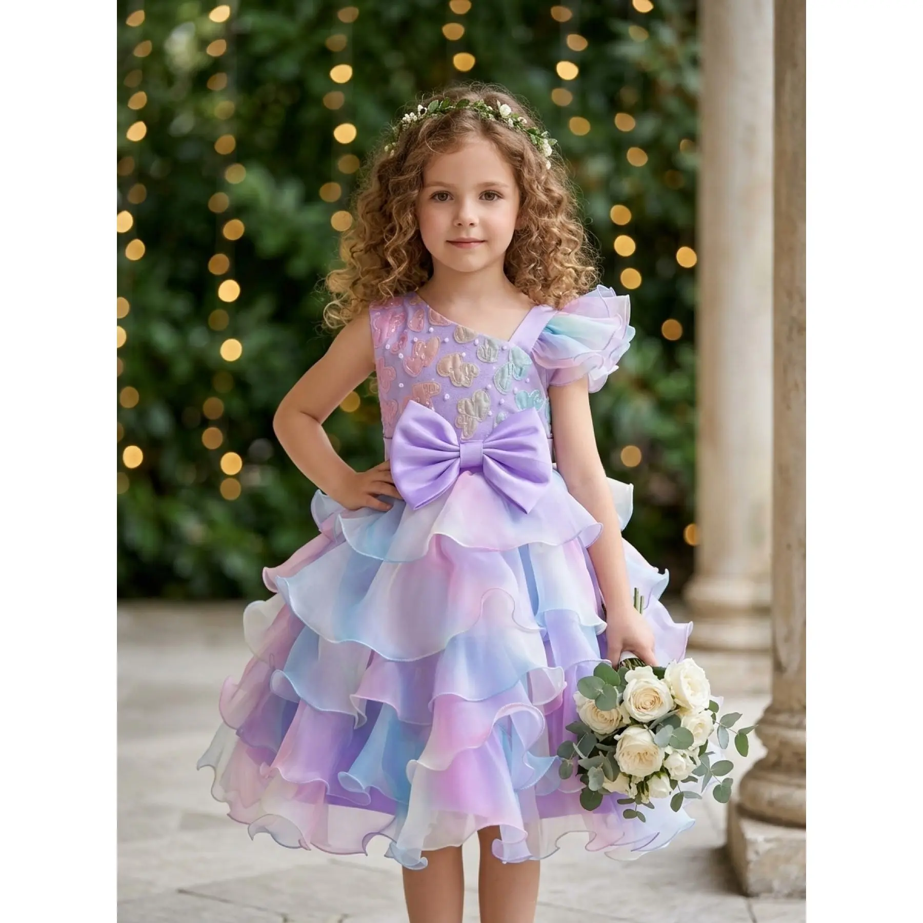 Girls' One-Shoulder Gradient Princess Gown, Big Bow Tiered Cake Dress,  Heart Embroidered Tulle Party Dress,