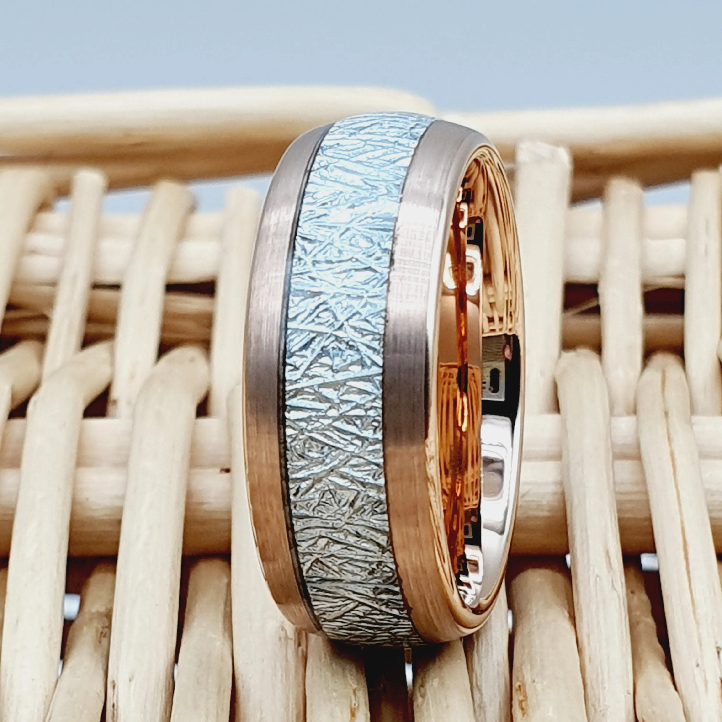 Tungsten Meteorite Ring with Rose Gold Men's Wedding Band - 8mm Meteorite Wedding Bands for Couples