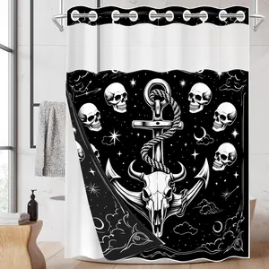 1pc hookless shower curtain with buckle lining, Goth shower curtain, black and white skull anchor design, 2D flat printing, fabric waterproof lining, see-through double-layer shower curtain, 71 x 74 inches, modern home curtain