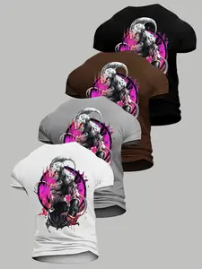 4 Piece Set American Anime Short Sleeves, Trendy Streetwear Dragon Ball Fanwear, High Stretch Slim Fit Fabric, Unisex Casual Long Top