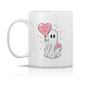 Be My Boo Valentine’s Day Ceramic Coffee Mug, Heart Balloon Ghost Mug, Valentines Gift For Her, Cute Valentine Mug