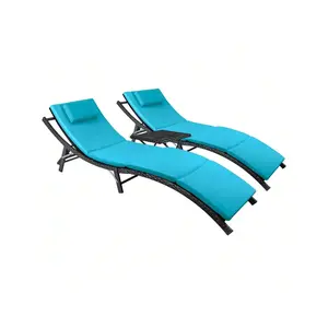 New 2024  Outdoor Chairs Set 3 Pieces Adjustable Chaise Lounge With Folding Table And Cushion For Garden Poolside Beach Room Organizer Storage