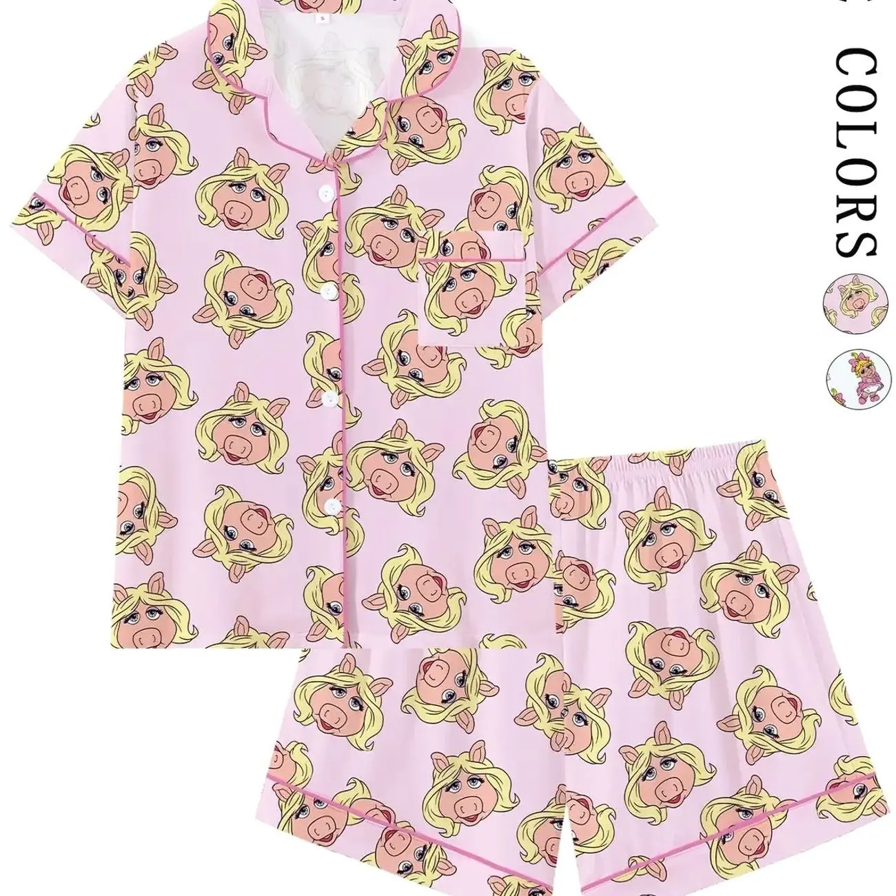 Women's Cute Pink Pig Character Print Pajama Set, Short Sleeve Button Down 2-Piece Loungewear, Lounge Pajamas, Adorable Cartoon Pig Sleepwear with Pink Trim,Perfect for Summer Nights & Sleepovers, Lounge Pjs Set