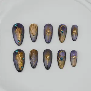 Mystic Purple Metallic Press On Nails, Purple Ombre Metallic Nails with Gold Chrome